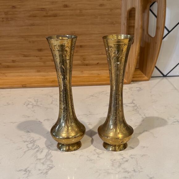vintage brass vase made in India, etched floral foliage patterns mid-century 2X - Picture 1 of 8